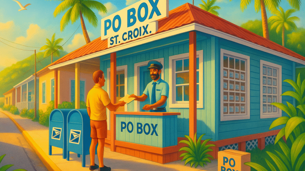 A colorful street scene in St. Croix featuring a PO Box service with a man interacting with a postal worker.