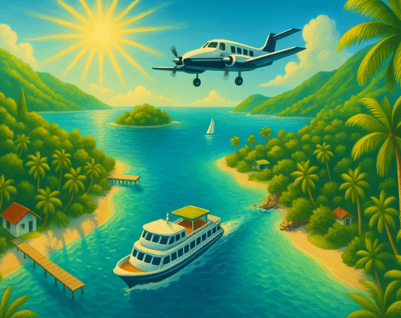 A vibrant tropical scene with a plane flying over lush islands, a boat on turquoise waters, and palm trees.