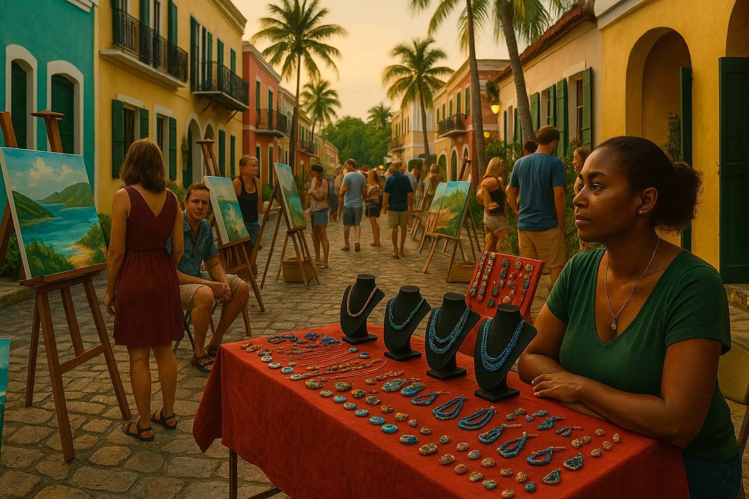 A warm, late-afternoon street scene captures Art Thursday in Christiansted. The narrow cobblestone road is lined with pastel-colored colonial buildings and tall palm trees. In the foreground on the right, a woman vendor sits behind a red-cloth table displaying handcrafted jewelry—necklaces, earrings, and polished stone pendants on black busts. Behind her, visitors stroll between wooden easels holding vibrant landscape paintings. Some viewers pause to admire the art, while others chat in small groups. The sky glows golden, and soft lantern light spills from building doorways, creating an inviting, festive atmosphere.