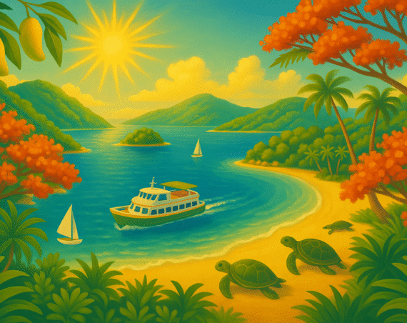 A colorful illustration of a tranquil beach in St. Thomas, showing clear blue waters, palm trees, and a peaceful island scene with no crowds, evoking the calm and natural beauty of the island in June.