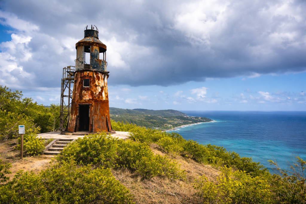 Ham's Bluff Lighthouse overlooking the north shore of St. Croix with turquoise ocean views and dramatic clouds.