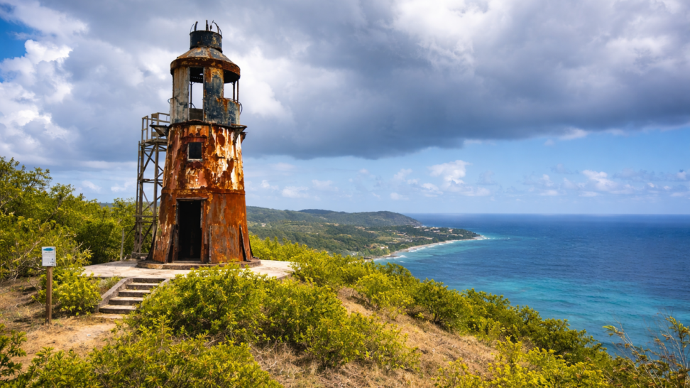 Ham's Bluff Lighthouse overlooking the north shore of St. Croix with turquoise ocean views and dramatic clouds.
