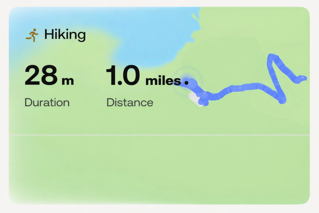 Hiking overview graphic showing 28-minute duration and 1.0-mile distance with a mapped route.