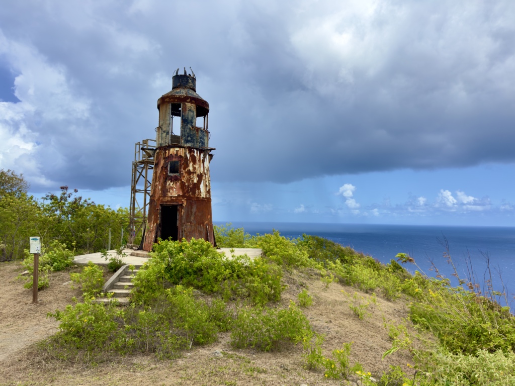 Hams Bluff Lighthouse overlooking the north shore of St. Croix with ocean views and dramatic clouds.