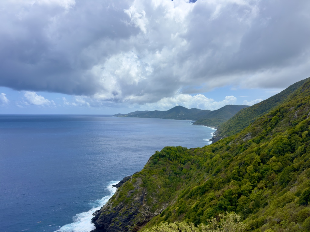 North shore of St. Croix with lush green hills, rugged coastline, and deep blue Caribbean water under cloudy skies.