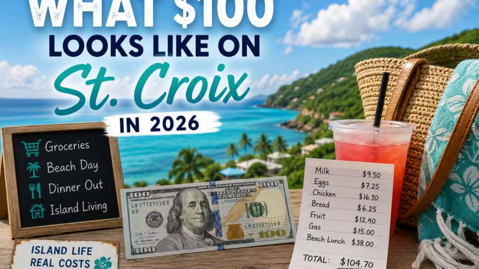 Graphic showing what $100 looks like on St. Croix with grocery prices, beach items, and a Caribbean coastline in the background.