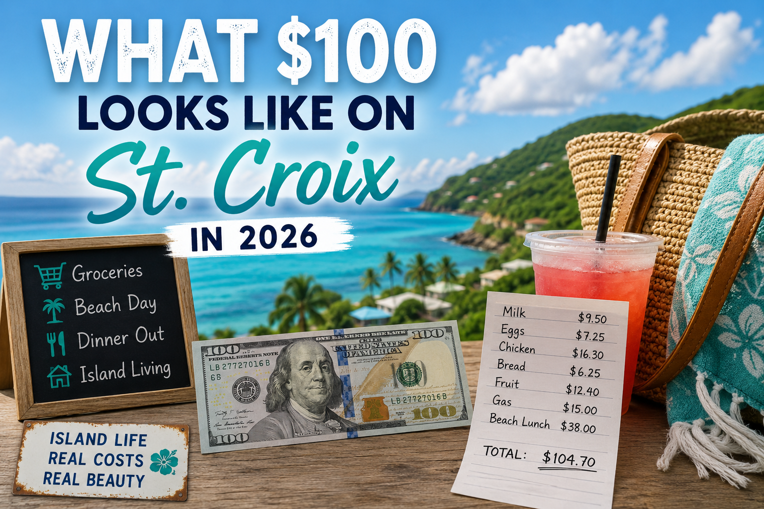 Graphic showing what $100 looks like on St. Croix with grocery prices, beach items, and a Caribbean coastline in the background.