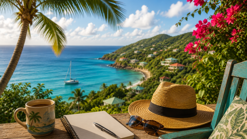 Tropical overlook on St. Croix with turquoise water, hillside homes, palm trees, and a porch table set with coffee, a notebook, sunglasses, and a straw hat.
