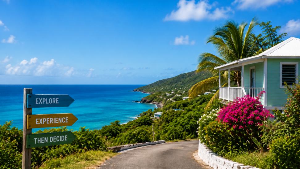 Scenic coastal road winding through the lush hills of St. Croix, overlooking the turquoise Caribbean Sea with a tropical home and palm trees nearby.