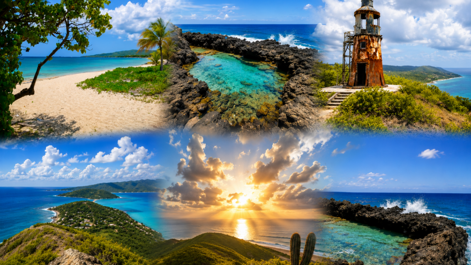 Collage of some of the most scenic locations on St. Croix, featuring tropical beaches, dramatic coastal cliffs, natural tide pools, rolling green hills, and the historic Ham’s Bluff Lighthouse.