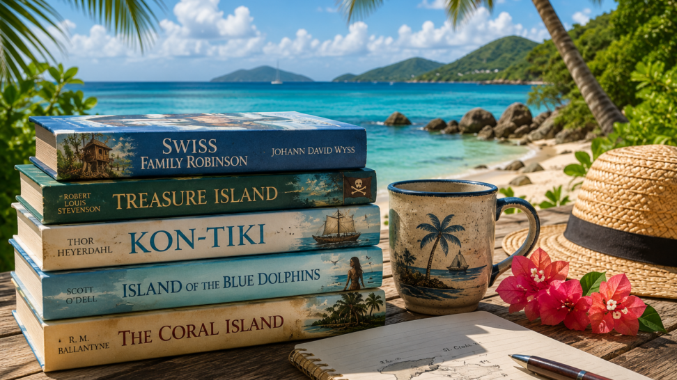 A stack of classic island adventure books sits beside a tropical coffee mug, notebook, and straw hat on a wooden table overlooking a turquoise Caribbean beach framed by palm trees and lush green hills.