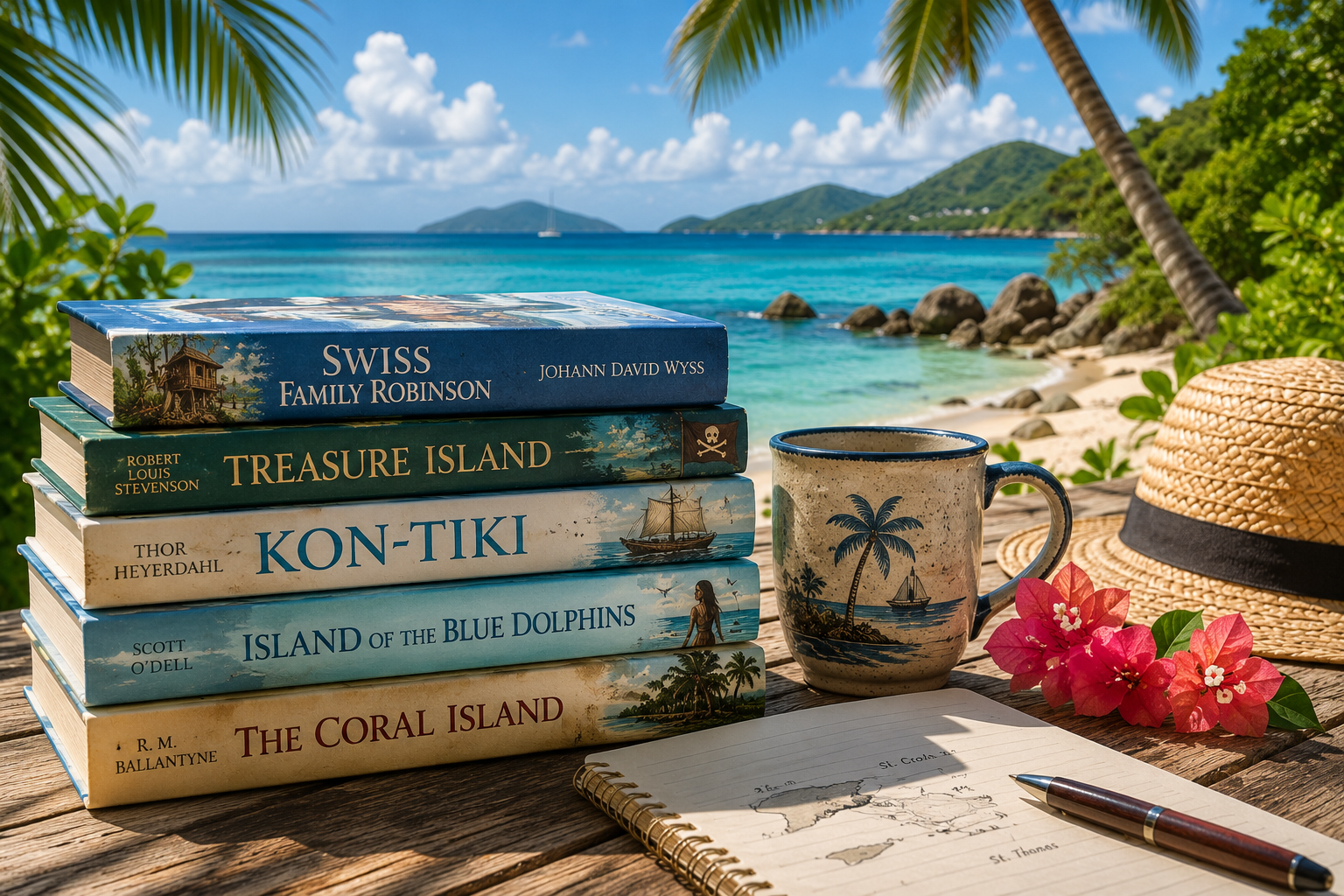 A stack of classic island adventure books sits beside a tropical coffee mug, notebook, and straw hat on a wooden table overlooking a turquoise Caribbean beach framed by palm trees and lush green hills.
