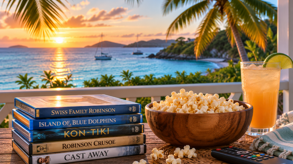 A stack of island-themed movies sits beside a bowl of popcorn and a tropical drink on a balcony overlooking a turquoise Caribbean bay at sunset, creating the perfect setting for an island movie night.