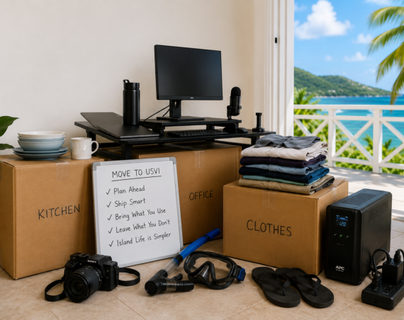 Packed moving boxes, a standing desk, office equipment, folded clothes, snorkel gear, and a UPS battery backup in a bright tropical home overlooking the Caribbean Sea in the U.S. Virgin Islands.