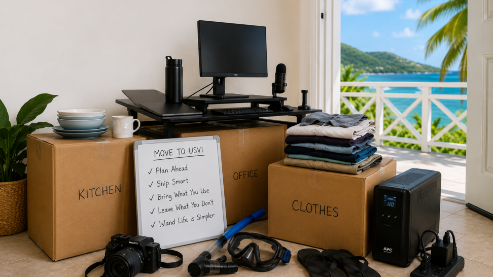 Packed moving boxes, a standing desk, office equipment, folded clothes, snorkel gear, and a UPS battery backup in a bright tropical home overlooking the Caribbean Sea in the U.S. Virgin Islands.