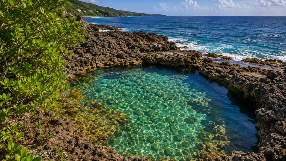 Natural tide pool surrounded by rugged volcanic rock and clear turquoise Caribbean water on the coastline of St. Croix, U.S. Virgin Islands.